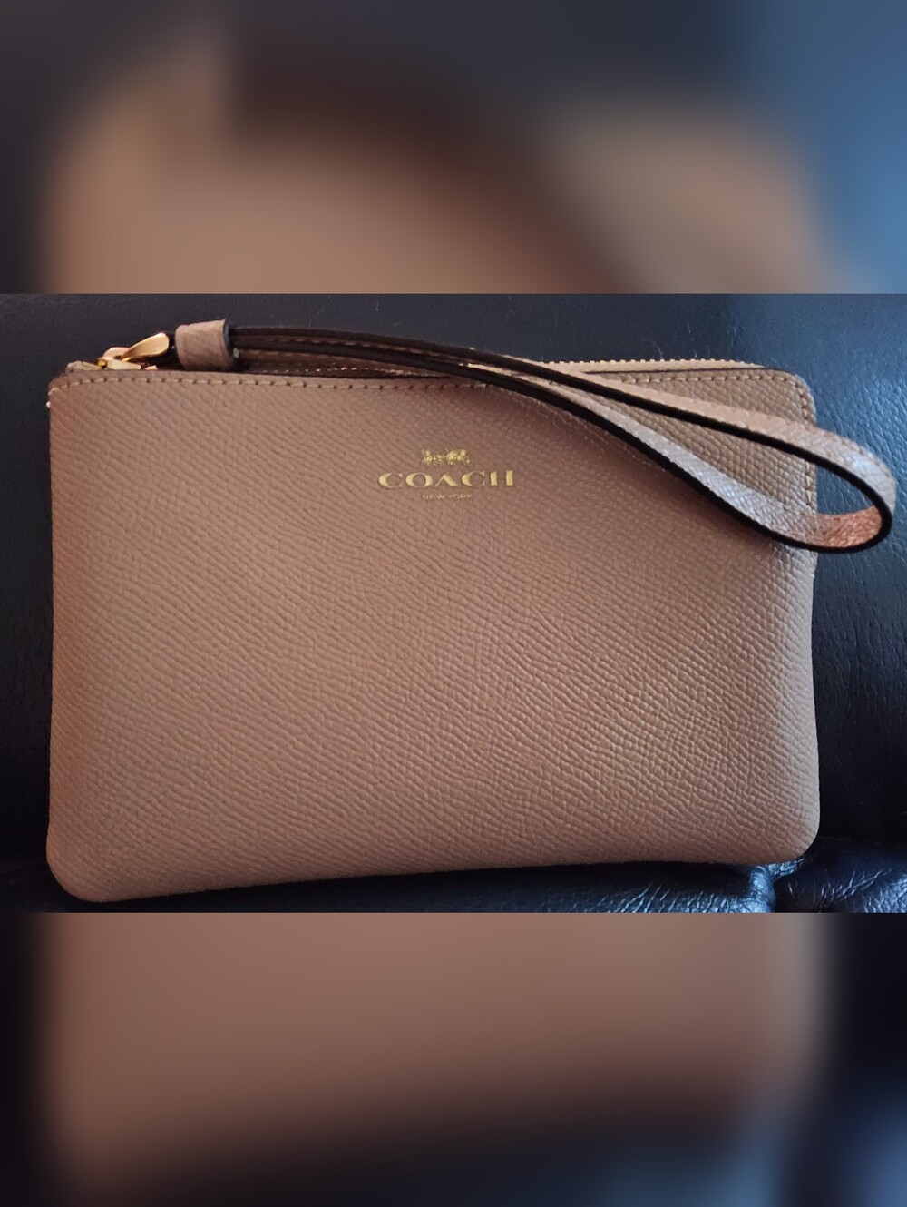 Coach Corner Zip Wristlet in Taupe Crossgrain Leather (Gold Hardware)